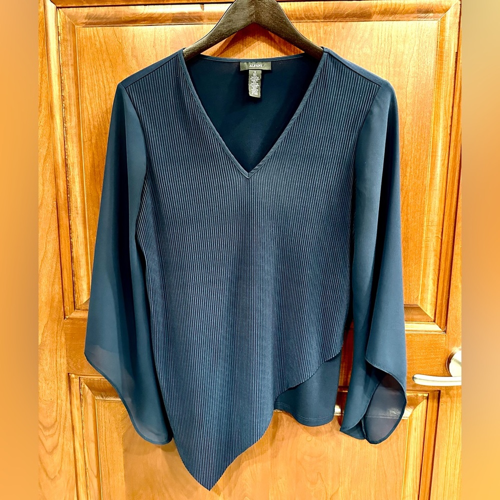 Alfani Navy V-Neck Blouse with Sheer Sleeves
